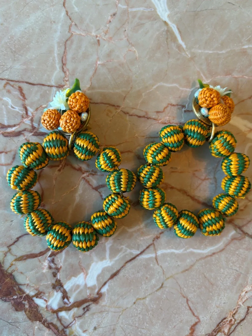 Mercedes Salazar  Green and Orange Woven Hoop Earrings handmade in Colombia